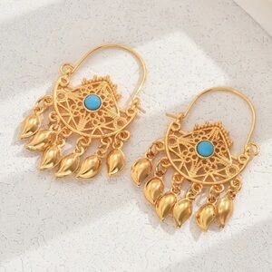 Bohemian Chic Gold-Plated Tassel Hoop Earrings With Faux Turquoise Accents